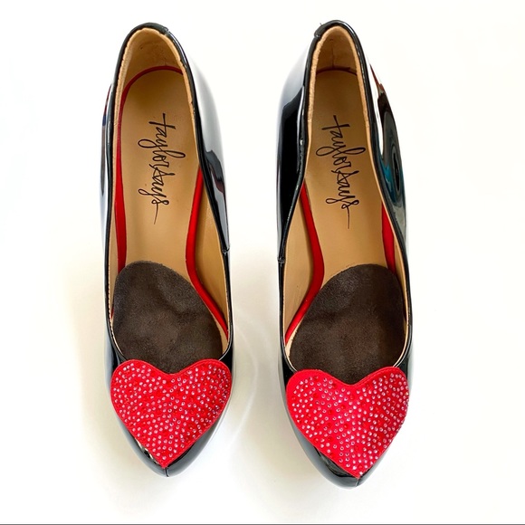 Taylor says black patent leather red sparkly heart pointed toe platform heels - Picture 7 of 11